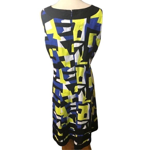 Ashley Stewart linen blend A line midi geometric design blue, yellow and black s - Picture 9 of 13